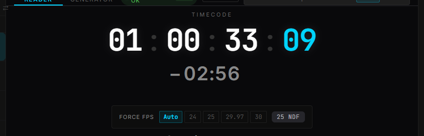 The timecode display, with the frame rate LTCast detected.