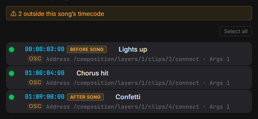 The cue list with two cues flagged BEFORE SONG and AFTER SONG, and a normal cue between them left unflagged.