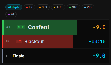 Next Cue filtered by department: each upcoming cue shows its department and a countdown.