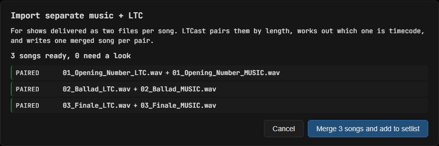 The pairing list showing three songs paired, with a merge button at the bottom.