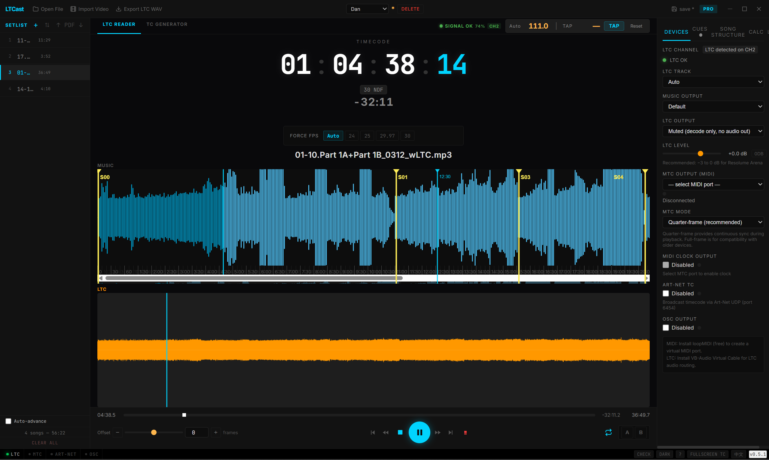 LTCast in action — dual waveform, setlist, timecode display